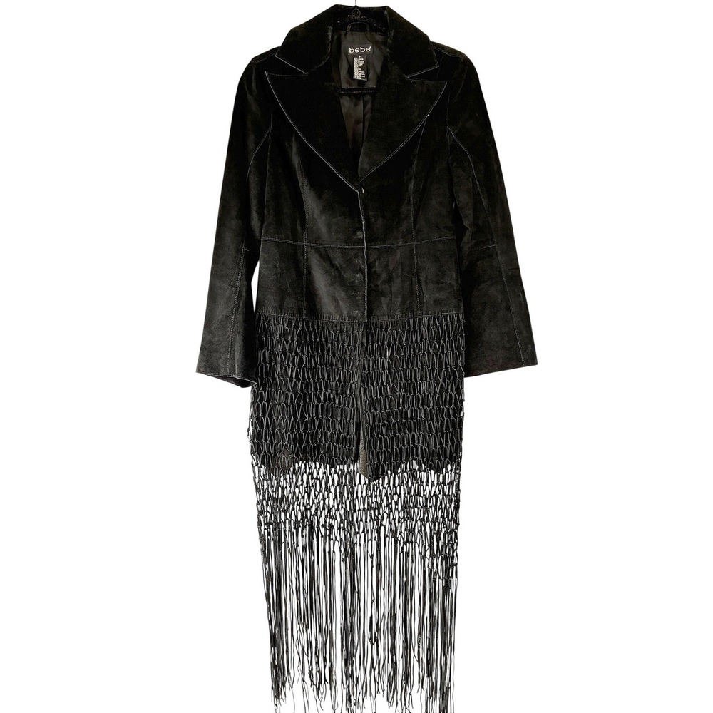 Bebe Vintage Black Suede Leather Fringe Duster Jacket Boho Sample Small